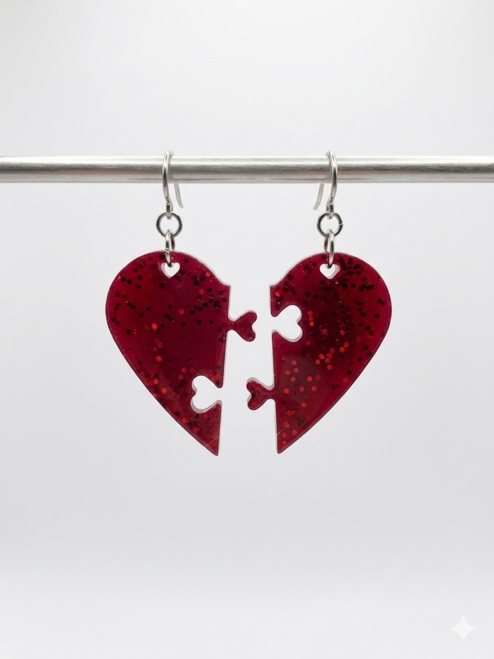 Handmade Red Glitter Puzzle Heart Dangle Earrings